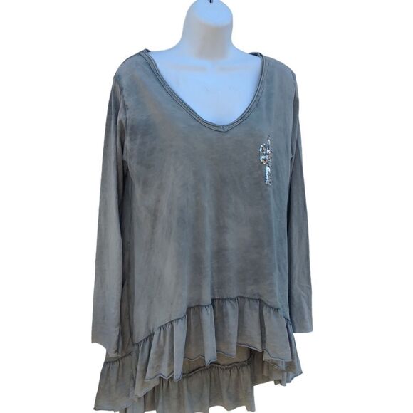 Tempo Paris Hi Low flounce hem gray cotton tunic cactus size M - Picture 1 of 7